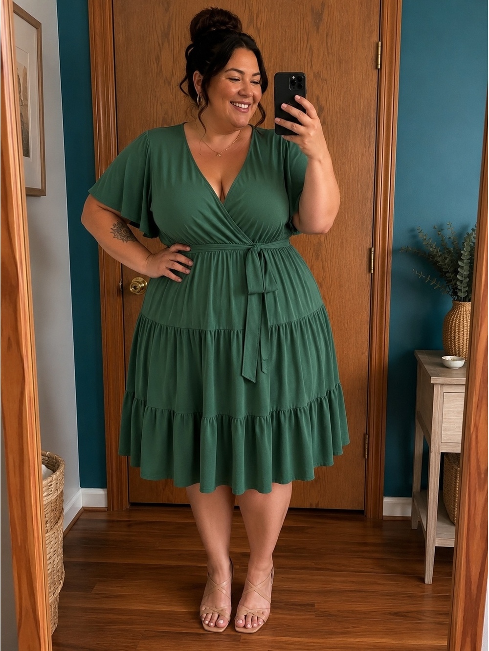 Plus Size Green Wrap Tiered Midi Dress with Belt Size 4XL NWT
